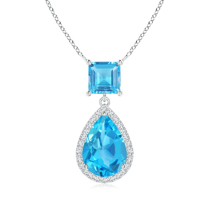 10x7mm AAA Square and Pear Swiss Blue Topaz Pendant with Diamond Halo in White Gold