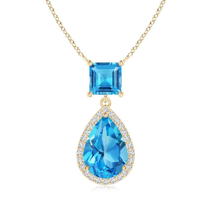 10x7mm AAAA Square and Pear Swiss Blue Topaz Pendant with Diamond Halo in Yellow Gold