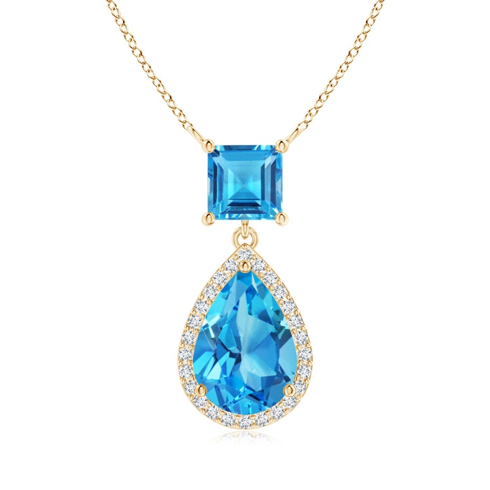 10x7mm AAAA Square and Pear Swiss Blue Topaz Pendant with Diamond Halo in Yellow Gold 