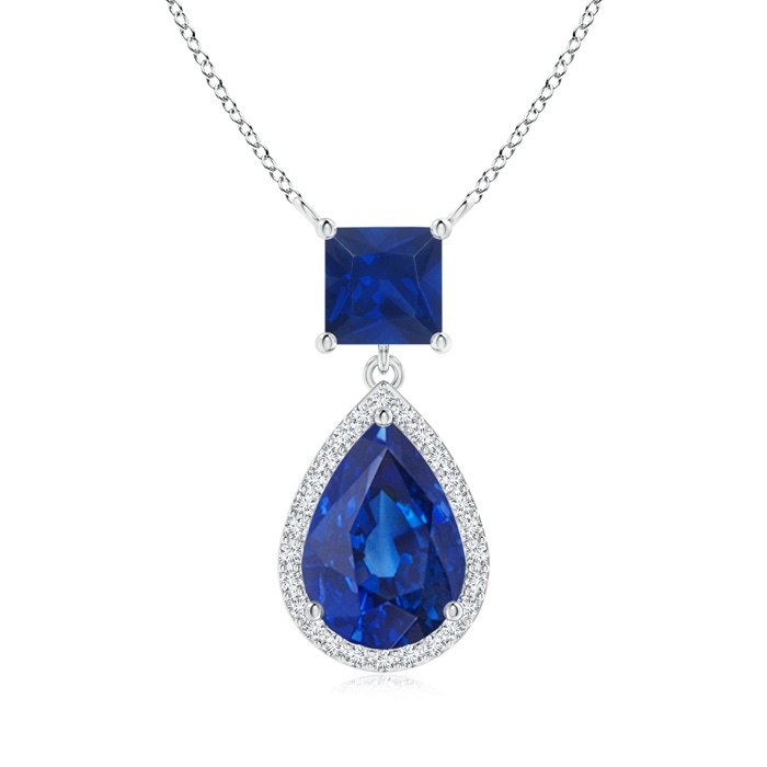 10x7mm AAA Square and Pear Sapphire Pendant with Diamond Halo in White Gold 