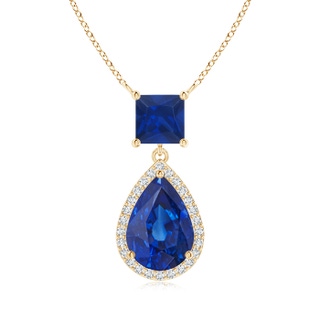 10x7mm AAA Square and Pear Sapphire Pendant with Diamond Halo in Yellow Gold