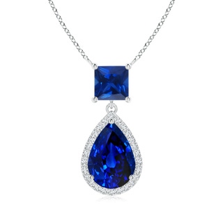 10x7mm AAAA Square and Pear Sapphire Pendant with Diamond Halo in White Gold