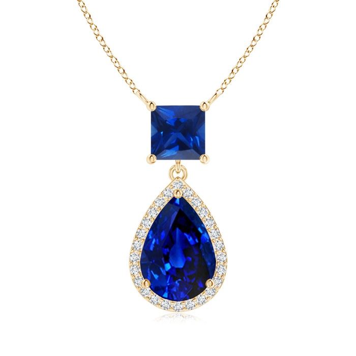 10x7mm AAAA Square and Pear Sapphire Pendant with Diamond Halo in Yellow Gold