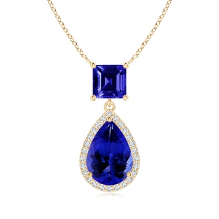 10x7mm AAAA Square and Pear Tanzanite Pendant with Diamond Halo in Yellow Gold