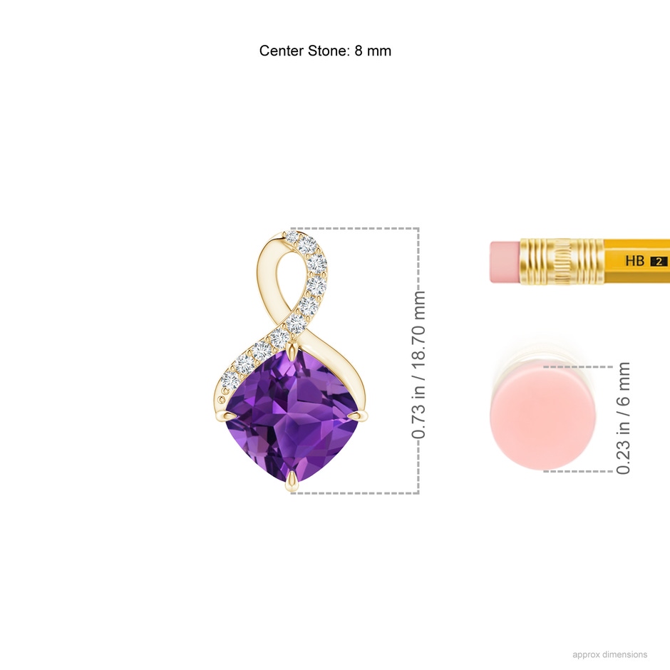 8mm AAAA Claw-Set Amethyst Infinity Pendant with Diamonds in Yellow Gold ruler