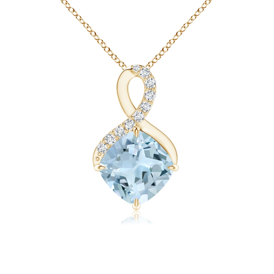 7mm AA Claw-Set Aquamarine Infinity Pendant with Diamonds in Yellow Gold 