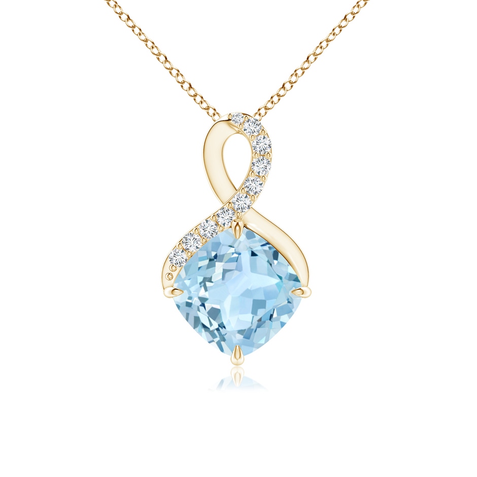 7mm AAA Claw-Set Aquamarine Infinity Pendant with Diamonds in Yellow Gold 