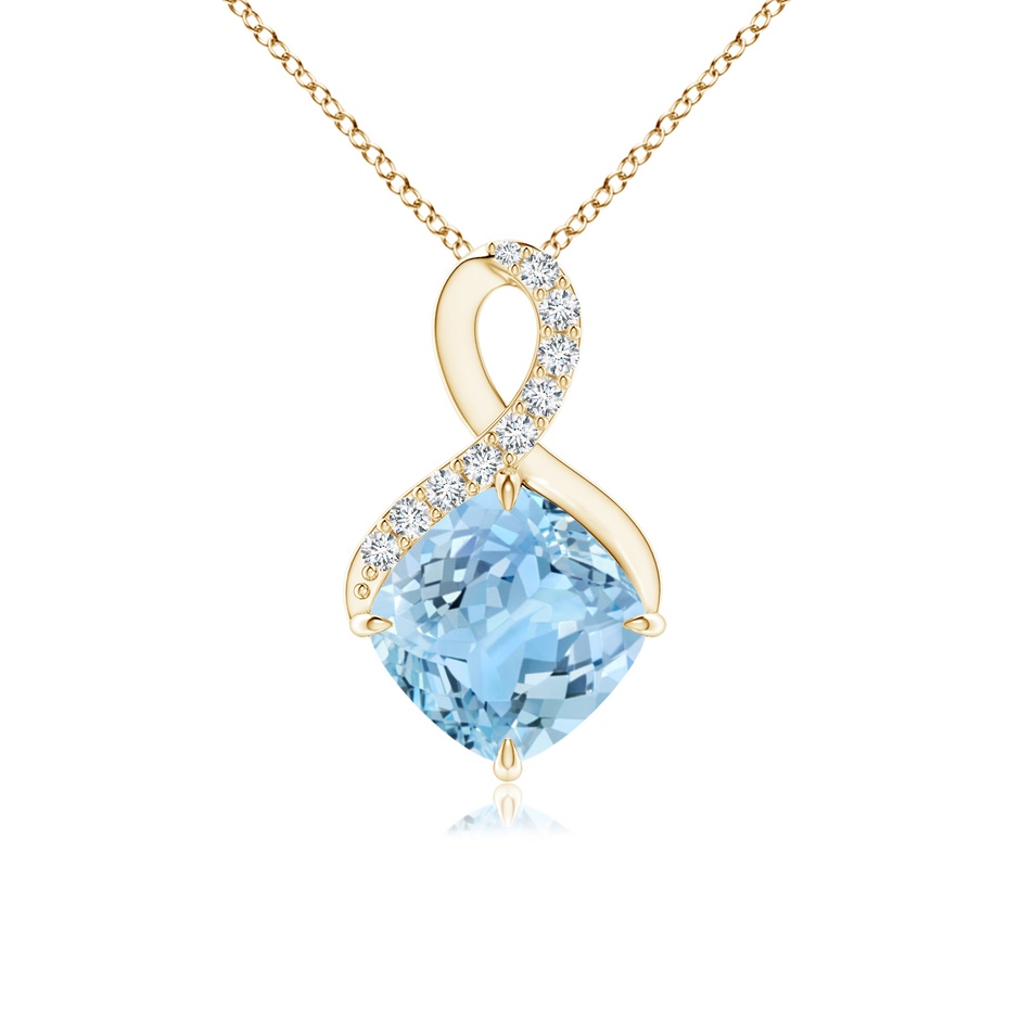 7mm AAAA Claw-Set Aquamarine Infinity Pendant with Diamonds in Yellow Gold 