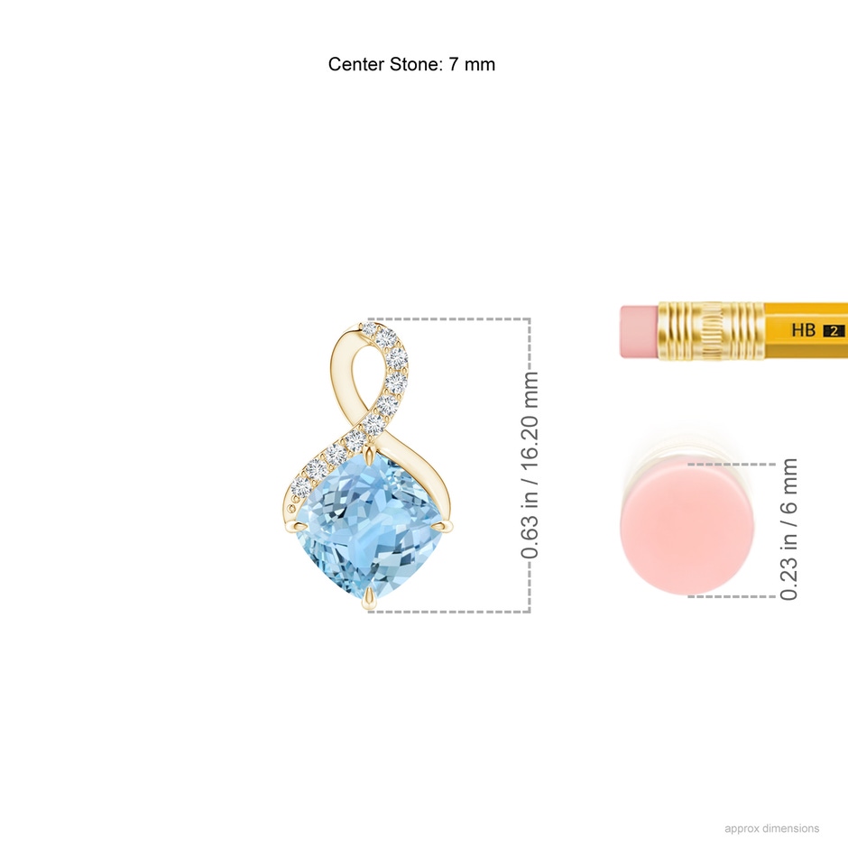 7mm AAAA Claw-Set Aquamarine Infinity Pendant with Diamonds in Yellow Gold ruler