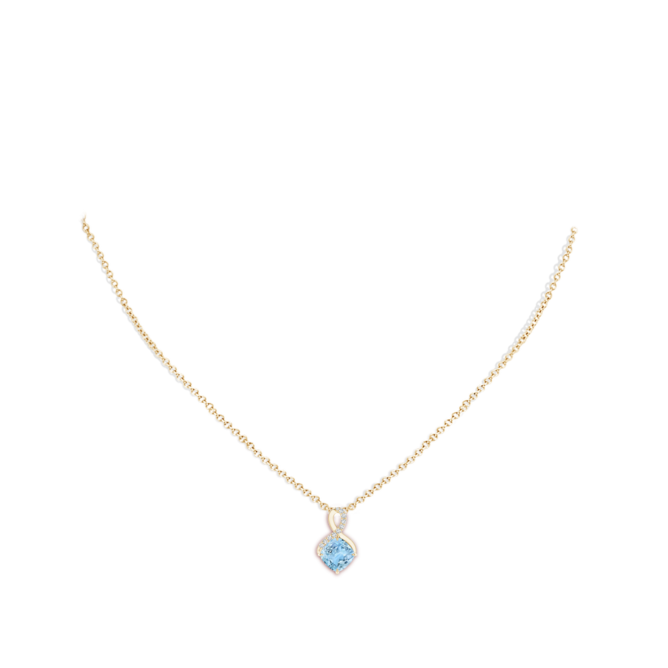 7mm AAAA Claw-Set Aquamarine Infinity Pendant with Diamonds in Yellow Gold body-neck