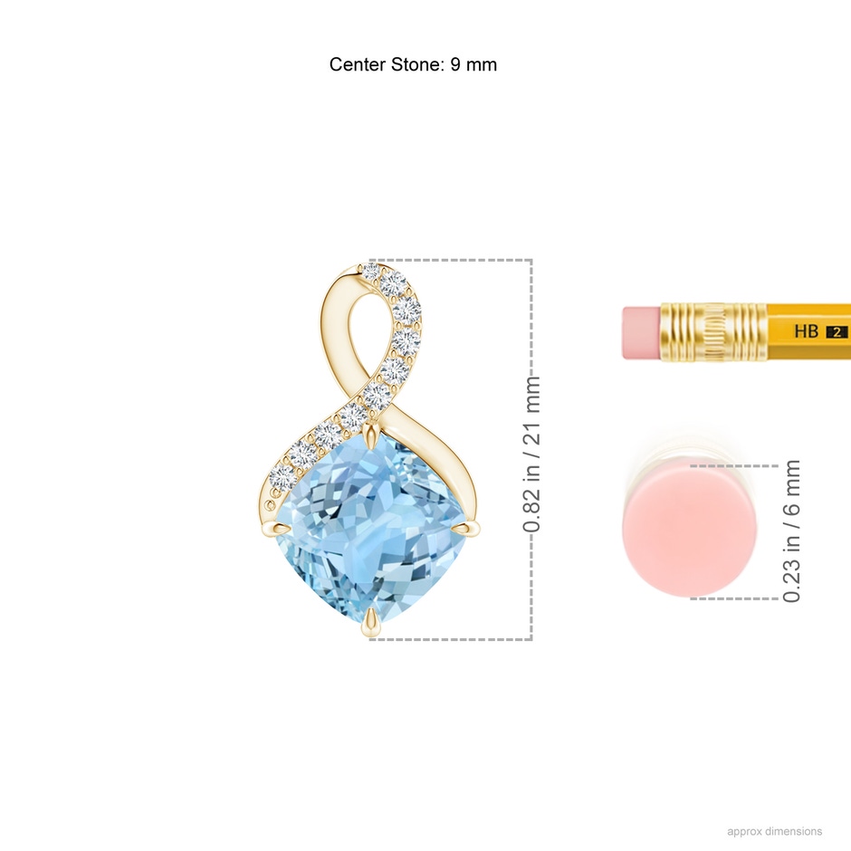 9mm AAAA Claw-Set Aquamarine Infinity Pendant with Diamonds in Yellow Gold ruler