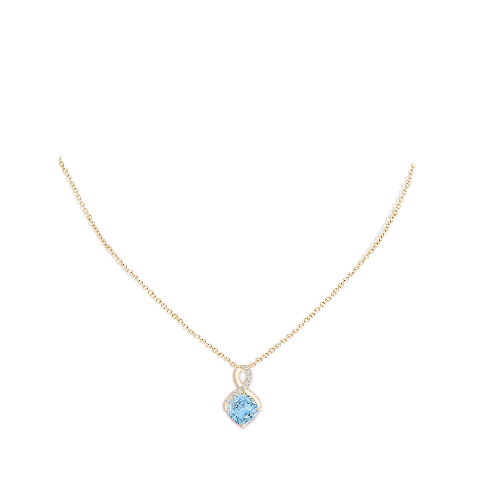 9mm AAAA Claw-Set Aquamarine Infinity Pendant with Diamonds in Yellow Gold body-neck