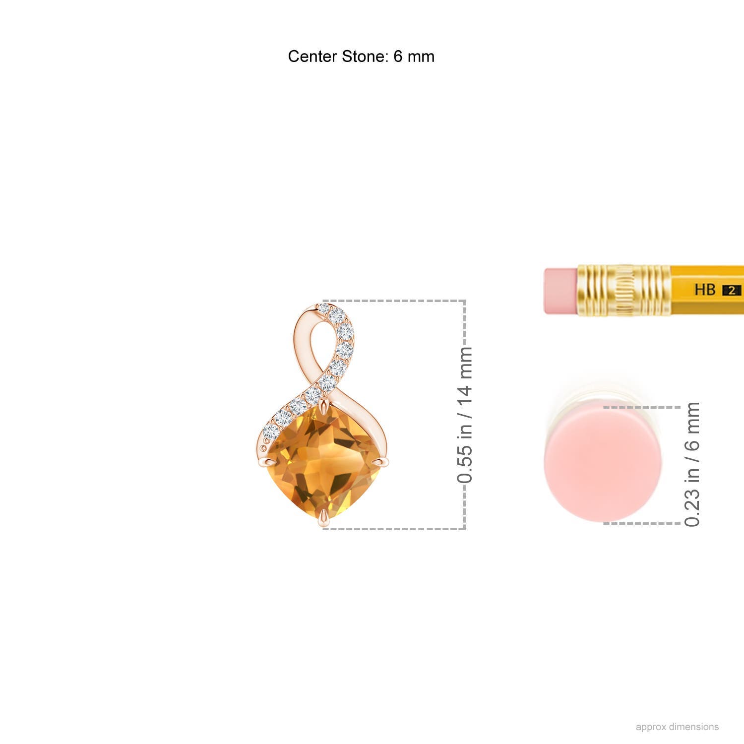 6mm A Claw-Set Citrine Infinity Pendant with Diamonds in Rose Gold - ruler