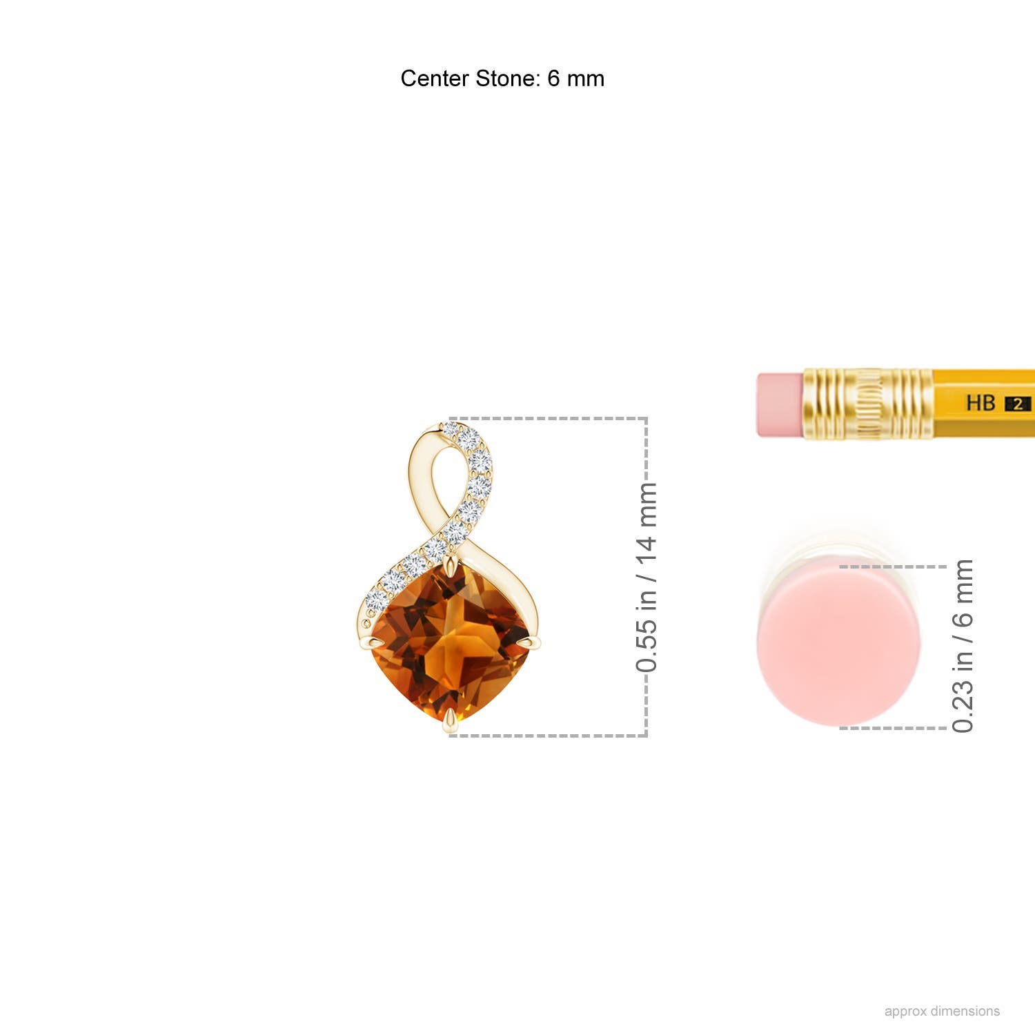 6mm AAAA Claw-Set Citrine Infinity Pendant with Diamonds in Yellow Gold - ruler