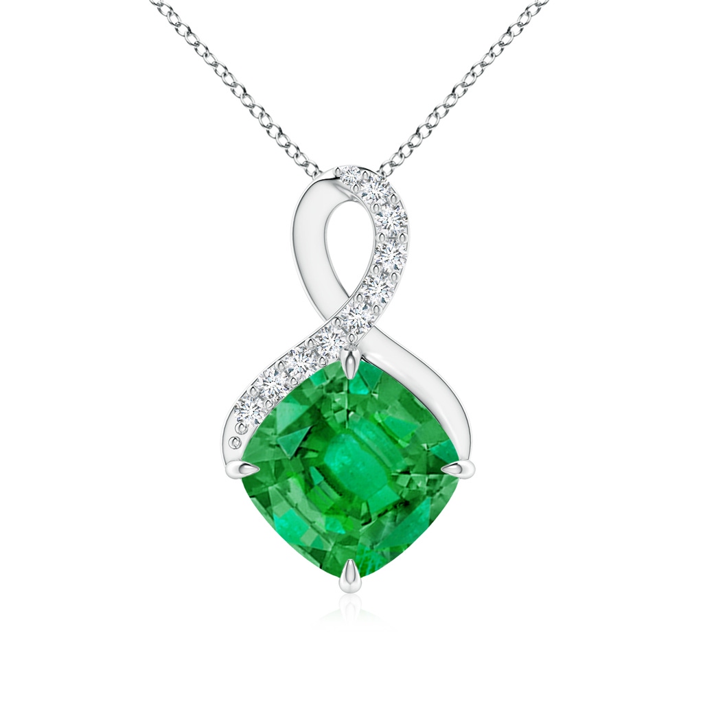 8mm AAA Claw-Set Emerald Infinity Pendant with Diamonds in White Gold