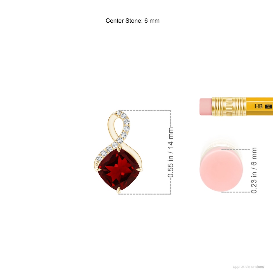 6mm AAAA Claw-Set Garnet Infinity Pendant with Diamonds in Yellow Gold ruler