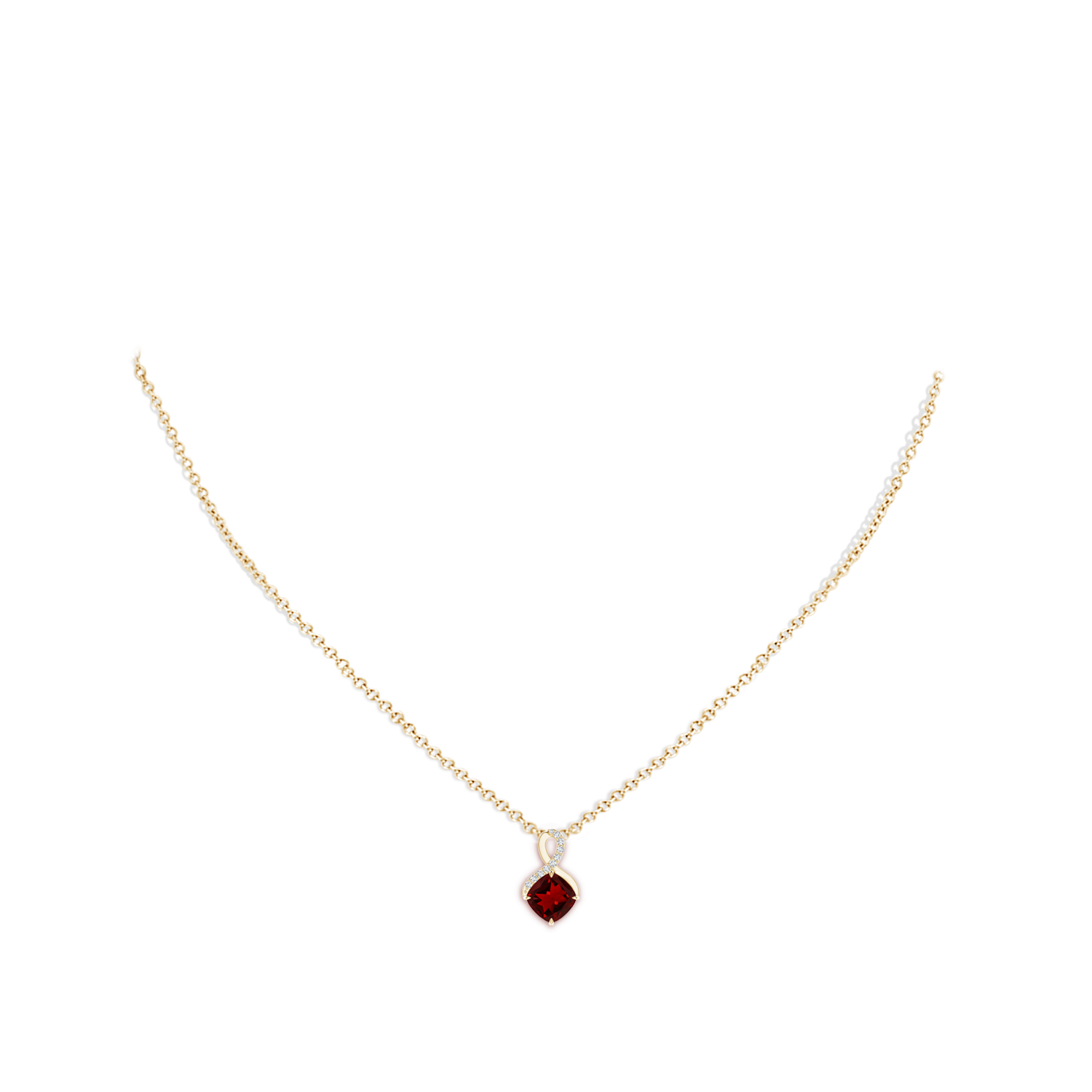 6mm AAAA Claw-Set Garnet Infinity Pendant with Diamonds in Yellow Gold - body_neck