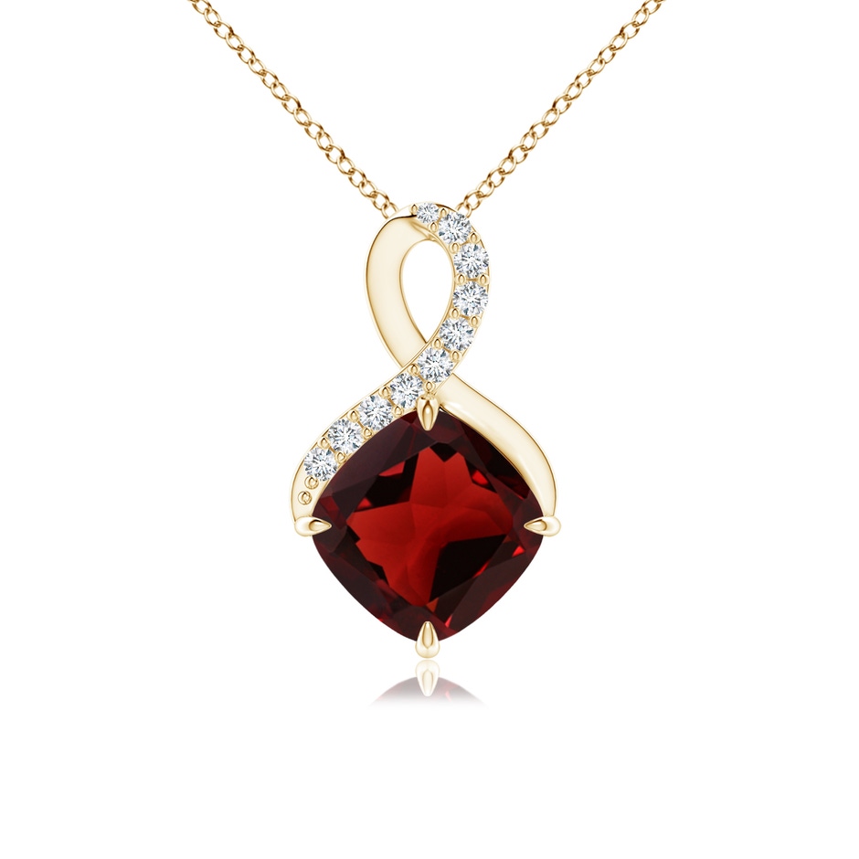 7mm AAA Claw-Set Garnet Infinity Pendant with Diamonds in Yellow Gold 