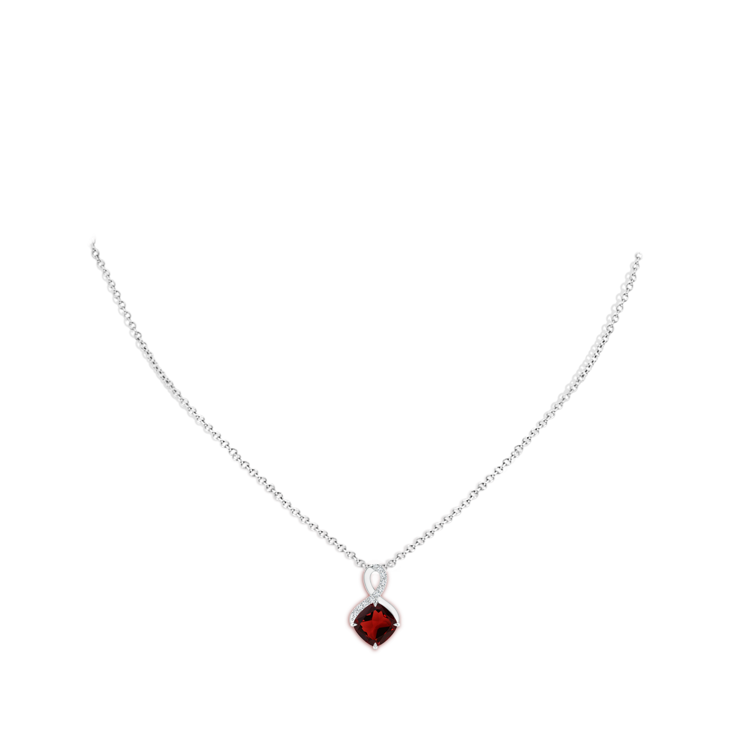 8mm AAA Claw-Set Garnet Infinity Pendant with Diamonds in White Gold - body_neck