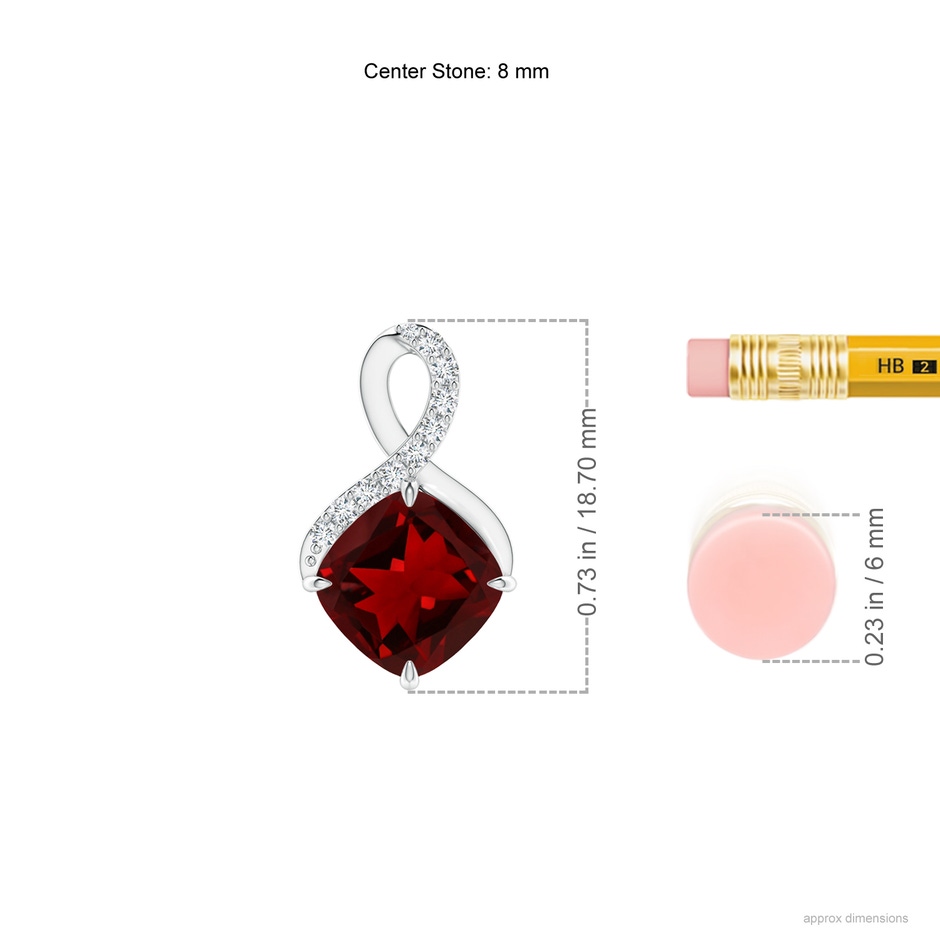 8mm AAAA Claw-Set Garnet Infinity Pendant with Diamonds in White Gold ruler