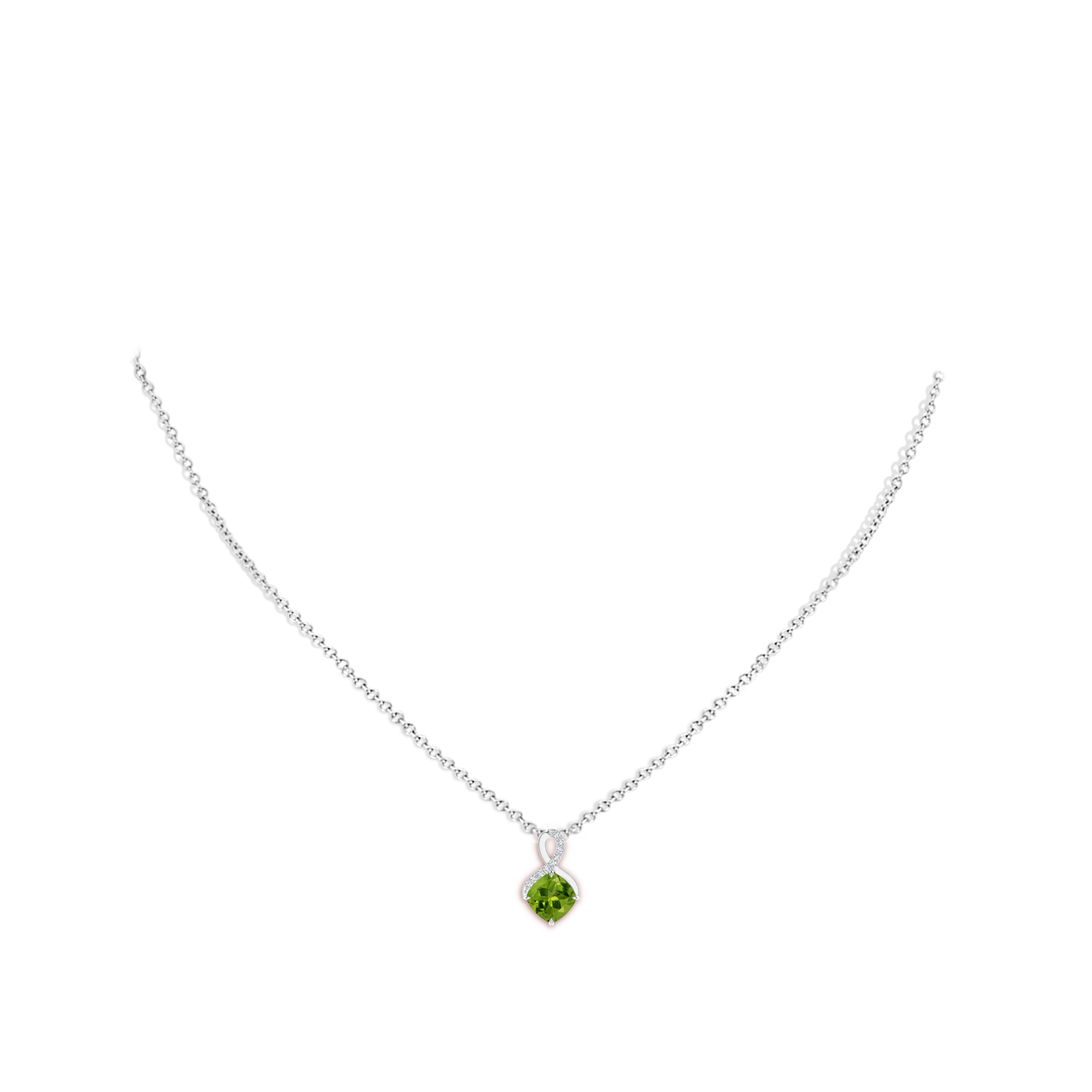 6mm AAAA Claw-Set Peridot Infinity Pendant with Diamonds in White Gold - body_neck
