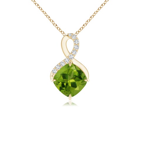 6mm AAAA Claw-Set Peridot Infinity Pendant with Diamonds in Yellow Gold