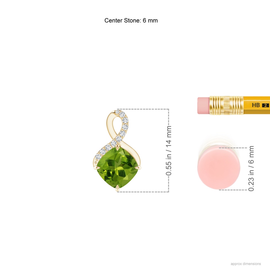 6mm AAAA Claw-Set Peridot Infinity Pendant with Diamonds in Yellow Gold ruler