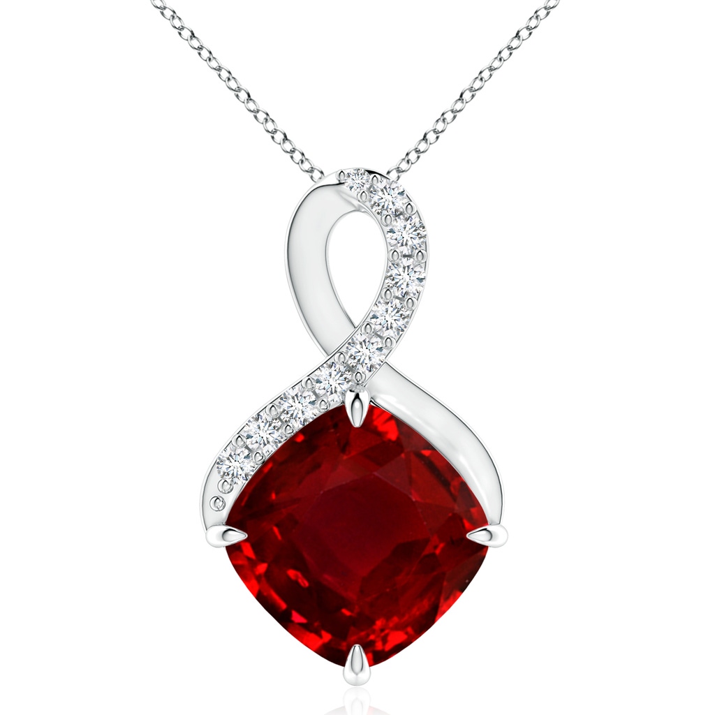 10mm AAAA Claw-Set Ruby Infinity Pendant with Diamonds in White Gold