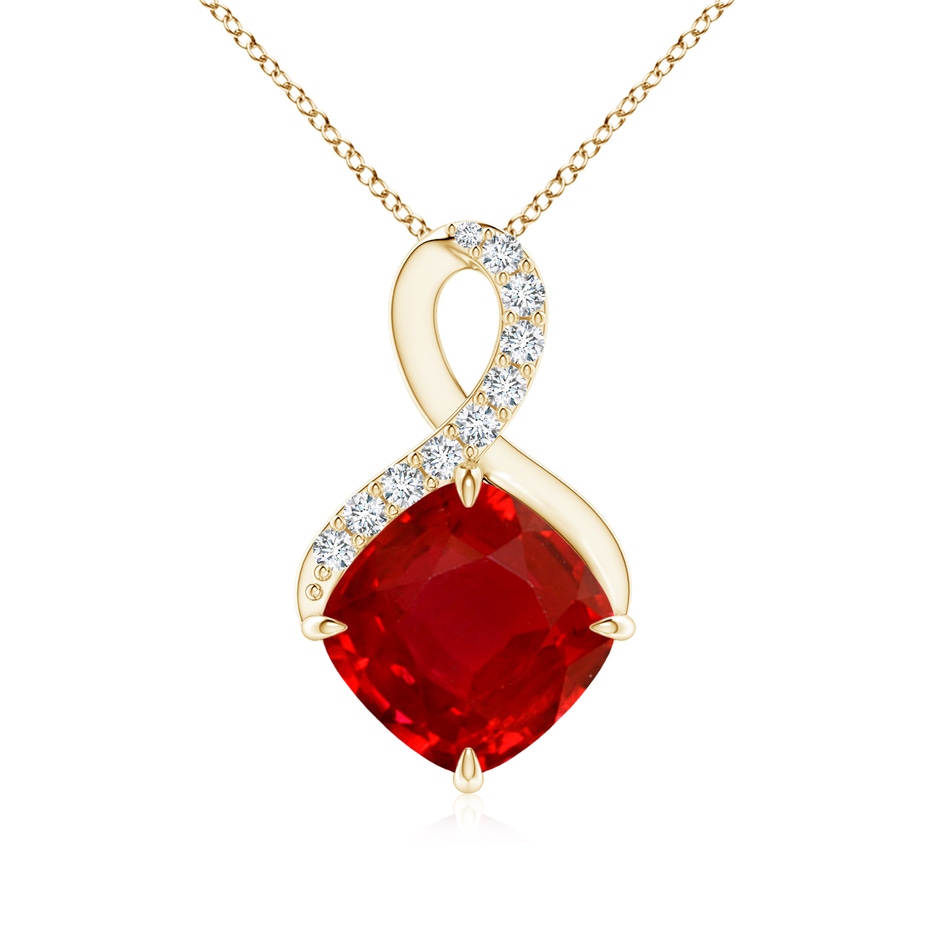 8mm AAA Claw-Set Ruby Infinity Pendant with Diamonds in Yellow Gold 