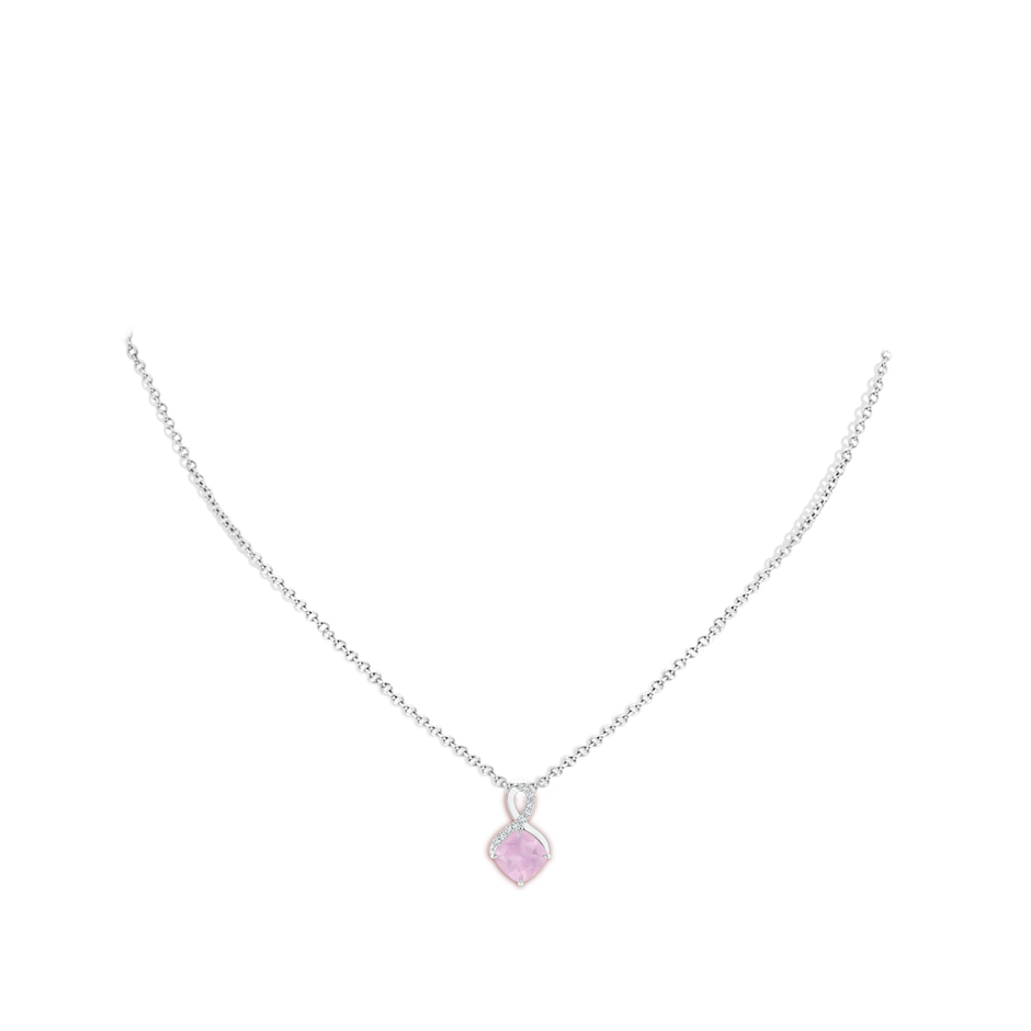 7mm AAA Claw-Set Rose Quartz Infinity Pendant with Diamonds in White Gold body-neck