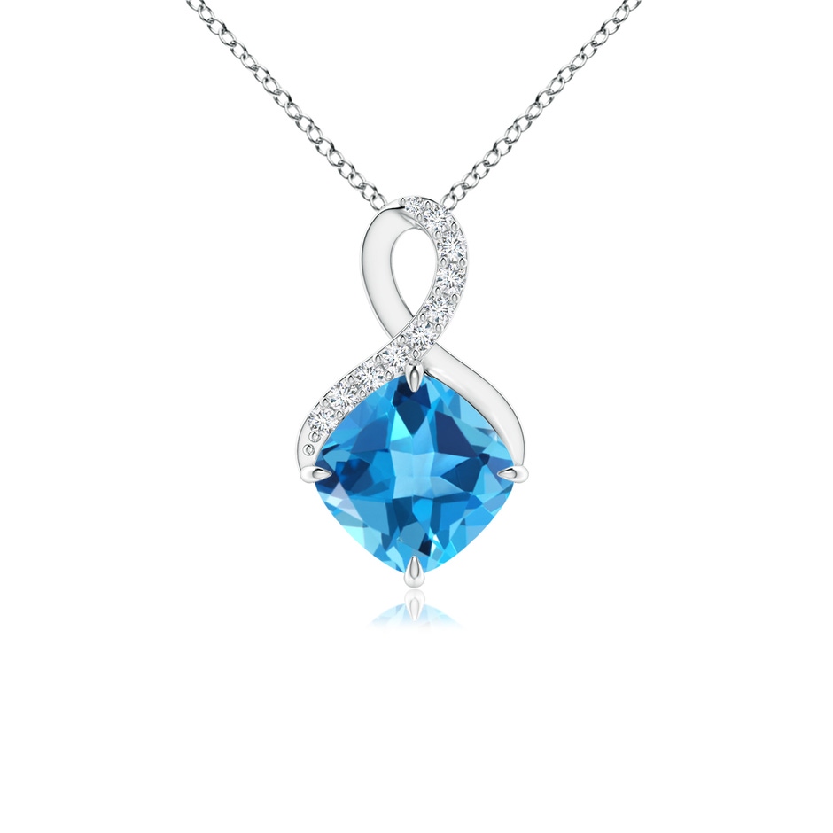 6mm AAA Claw-Set Swiss Blue Topaz Infinity Pendant with Diamonds in White Gold 