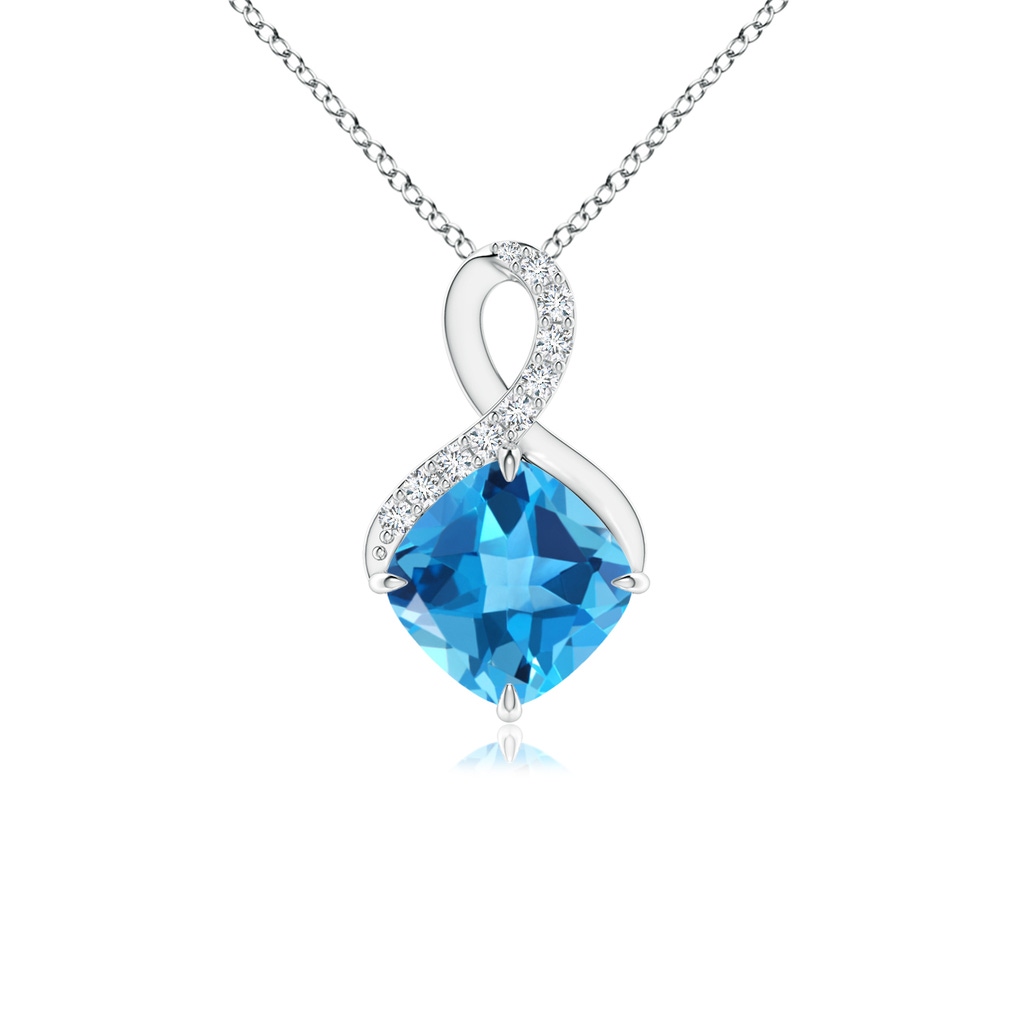 6mm AAA Claw-Set Swiss Blue Topaz Infinity Pendant with Diamonds in White Gold