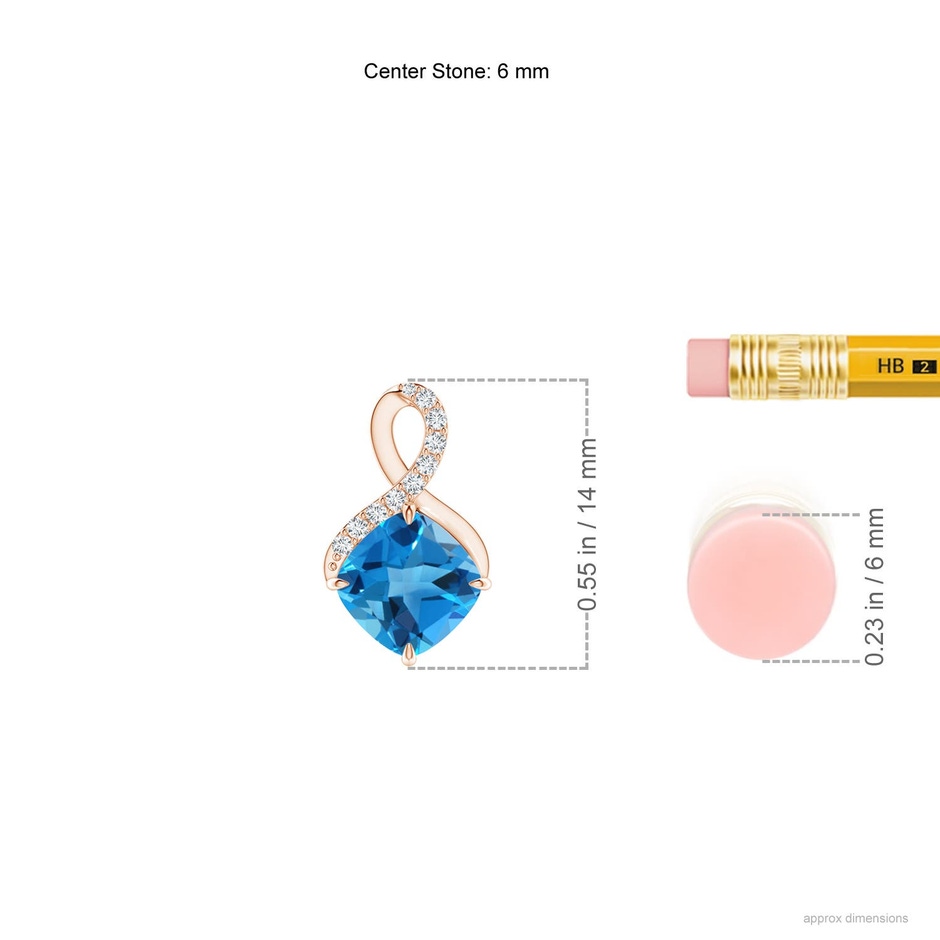 6mm AAAA Claw-Set Swiss Blue Topaz Infinity Pendant with Diamonds in Rose Gold ruler