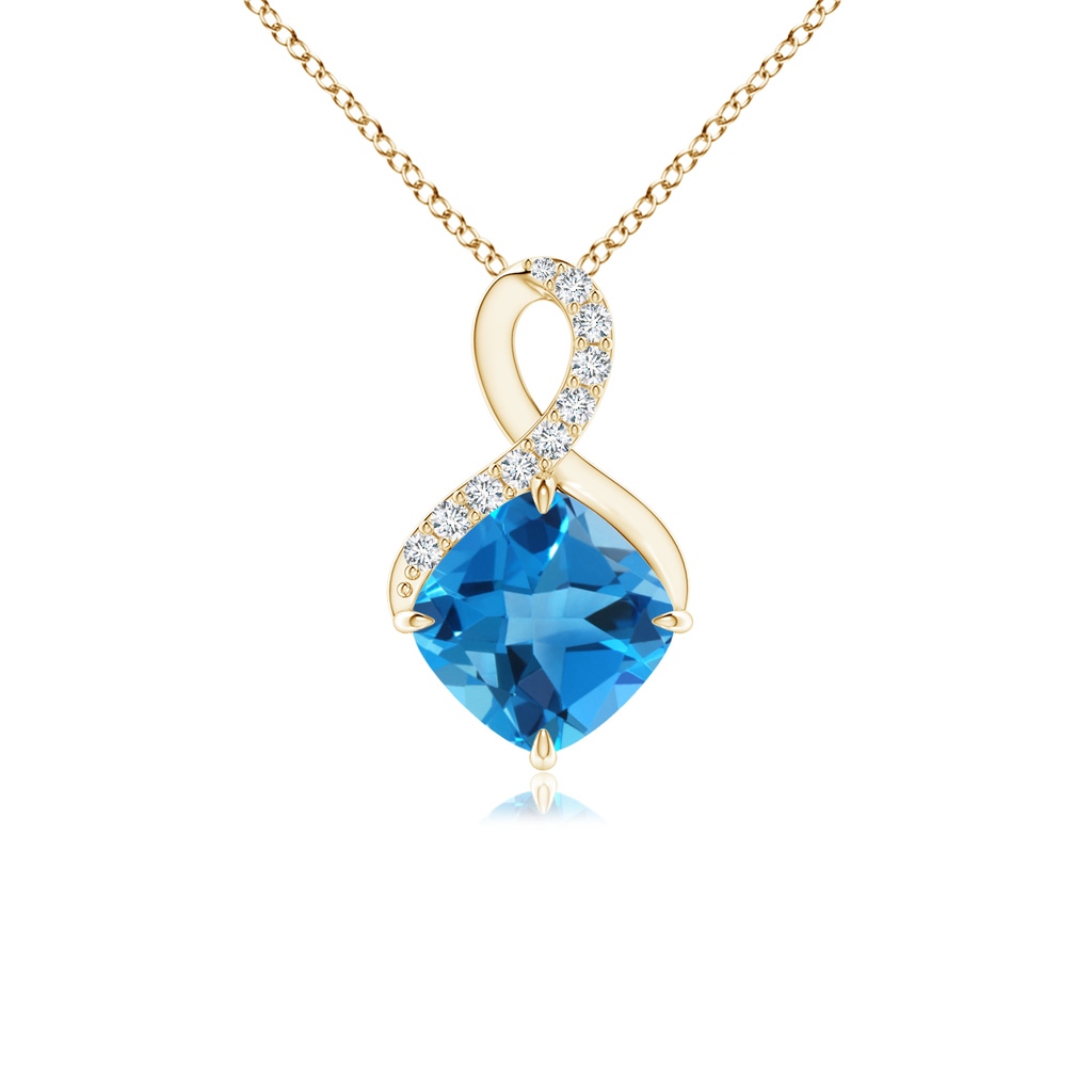 6mm AAAA Claw-Set Swiss Blue Topaz Infinity Pendant with Diamonds in Yellow Gold