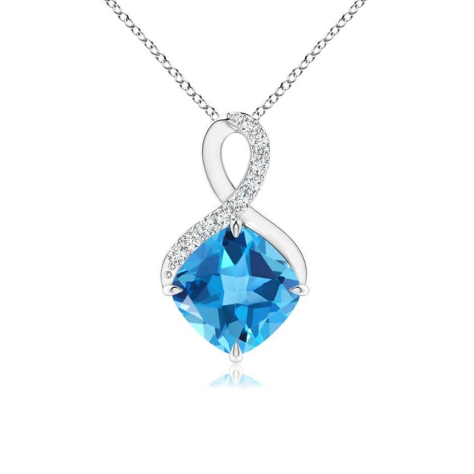 7mm AAA Claw-Set Swiss Blue Topaz Infinity Pendant with Diamonds in S999 Silver 