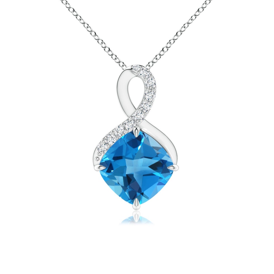 7mm AAAA Claw-Set Swiss Blue Topaz Infinity Pendant with Diamonds in S999 Silver 