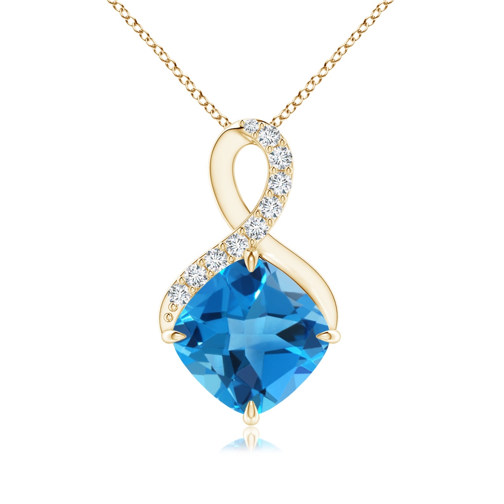 8mm AAAA Claw-Set Swiss Blue Topaz Infinity Pendant with Diamonds in Yellow Gold