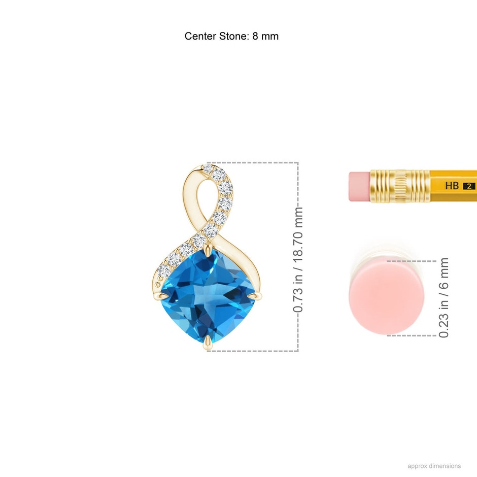 8mm AAAA Claw-Set Swiss Blue Topaz Infinity Pendant with Diamonds in Yellow Gold ruler