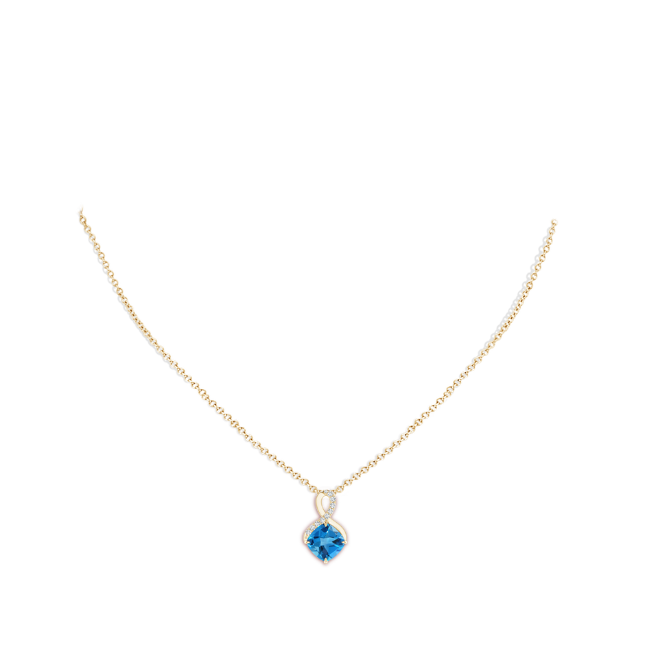 8mm AAAA Claw-Set Swiss Blue Topaz Infinity Pendant with Diamonds in Yellow Gold pen