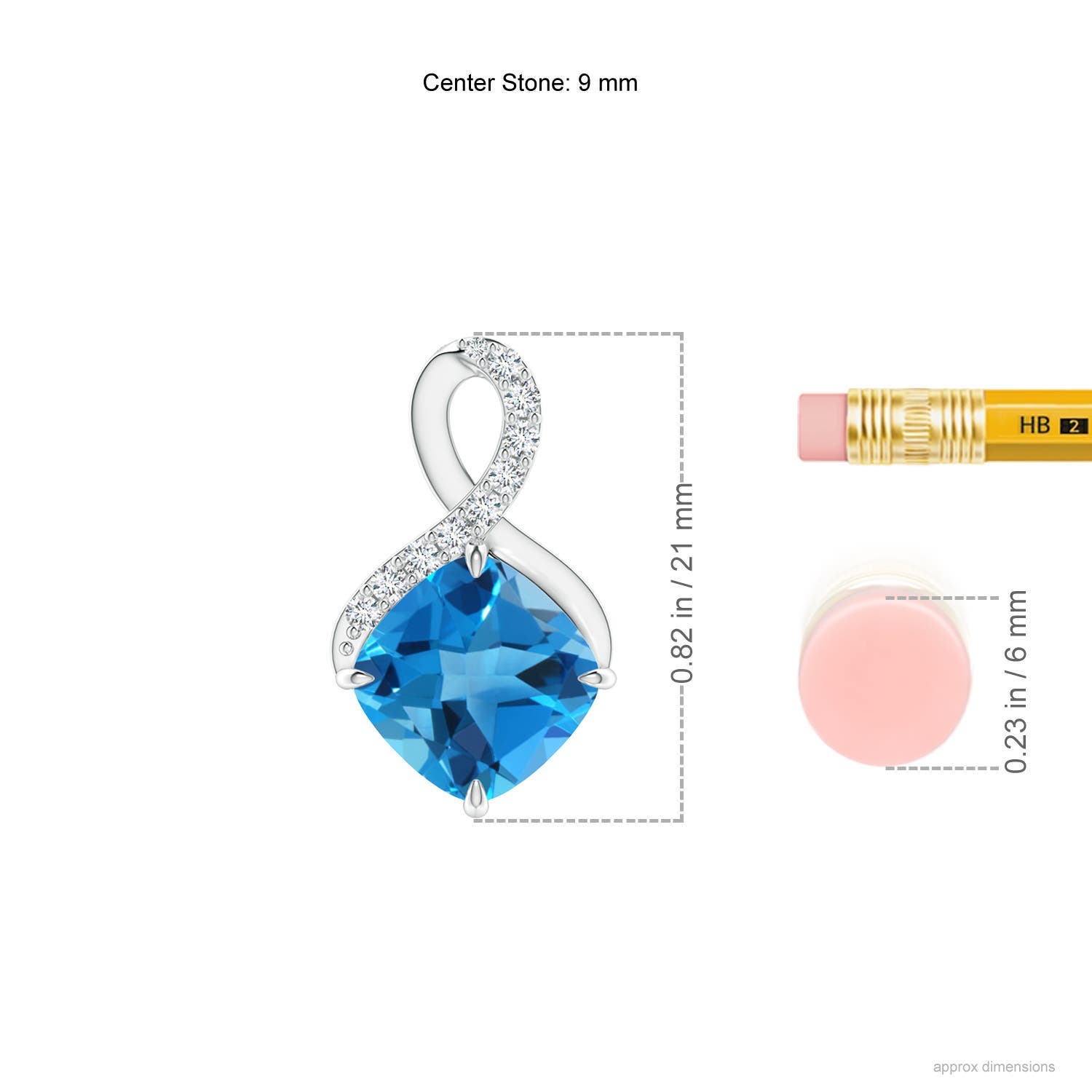 9mm AAAA Claw-Set Swiss Blue Topaz Infinity Pendant with Diamonds in White Gold - ruler
