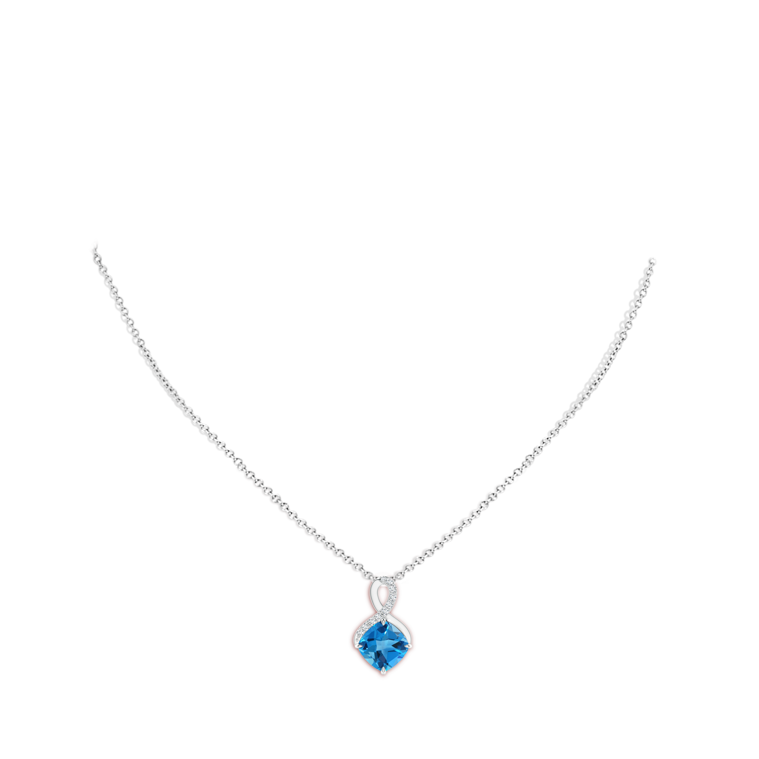 9mm AAAA Claw-Set Swiss Blue Topaz Infinity Pendant with Diamonds in White Gold - body_neck
