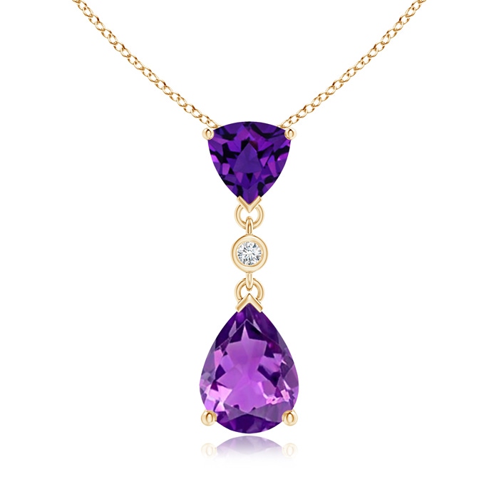 8x6mm AAAA Trillion and Pear Amethyst Drop Pendant with Diamond in Yellow Gold