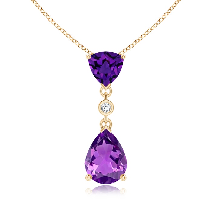 8x6mm AAAA Trillion and Pear Amethyst Drop Pendant with Diamond in Yellow Gold 