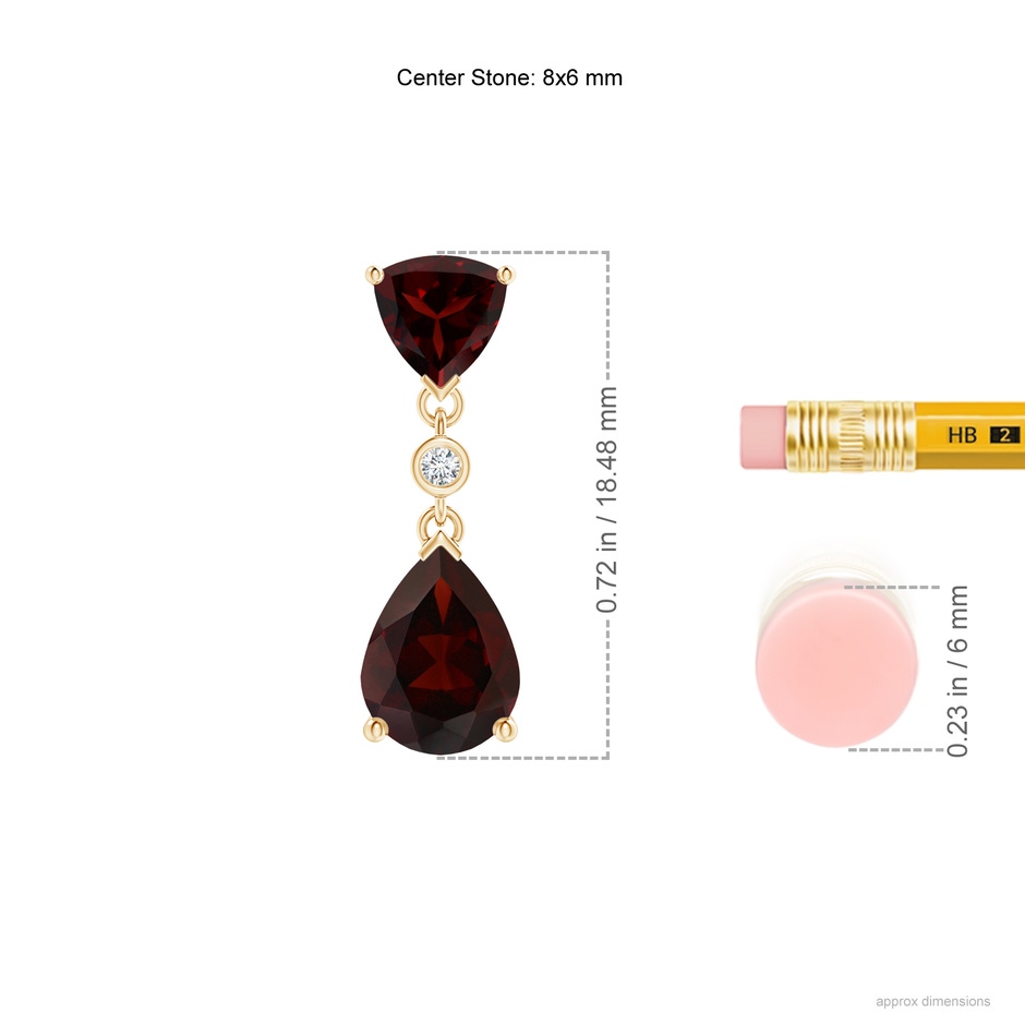 8x6mm A Trillion and Pear Garnet Drop Pendant with Diamond in 18K Yellow Gold ruler
