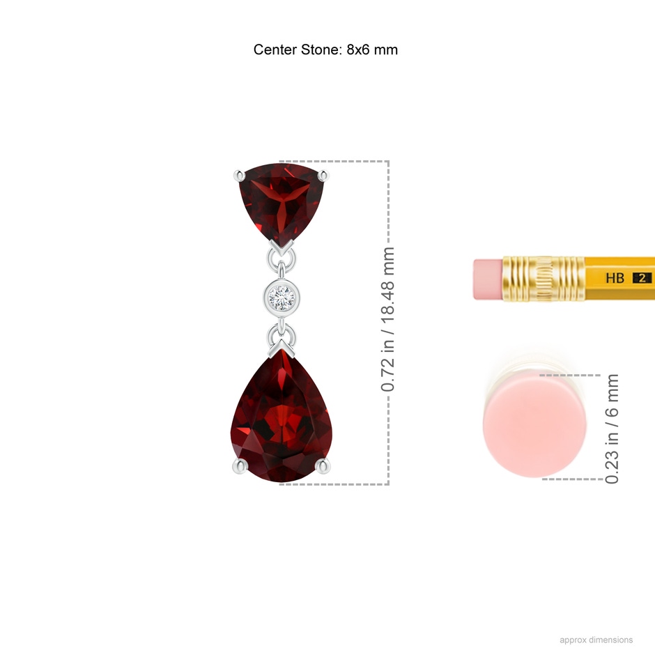 8x6mm AAA Trillion and Pear Garnet Drop Pendant with Diamond in White Gold ruler