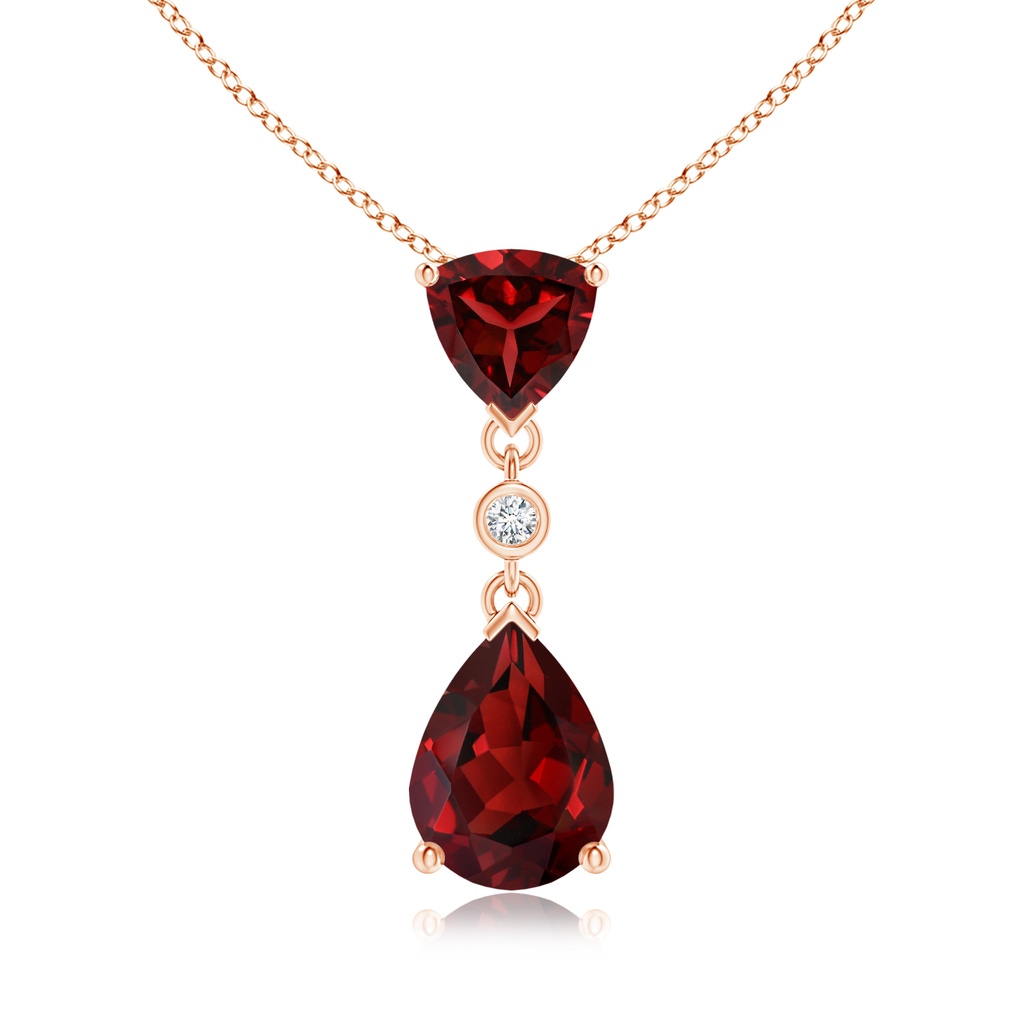 8x6mm AAAA Trillion and Pear Garnet Drop Pendant with Diamond in Rose Gold