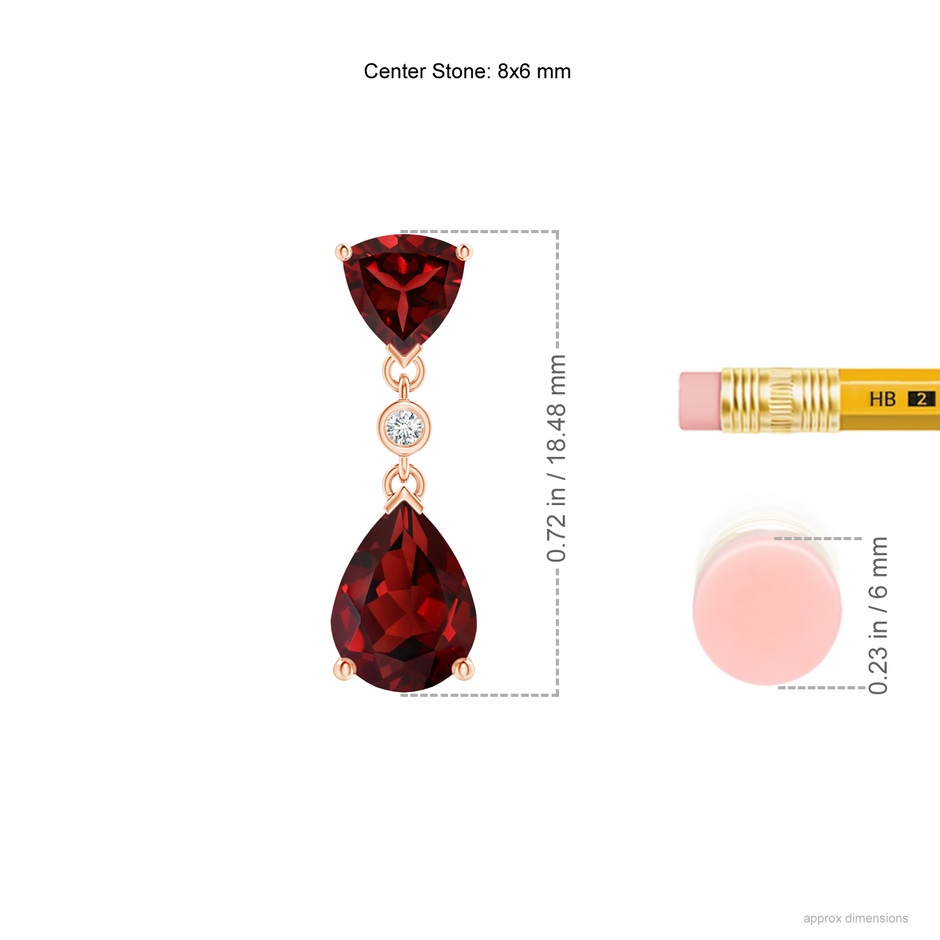 8x6mm AAAA Trillion and Pear Garnet Drop Pendant with Diamond in Rose Gold ruler