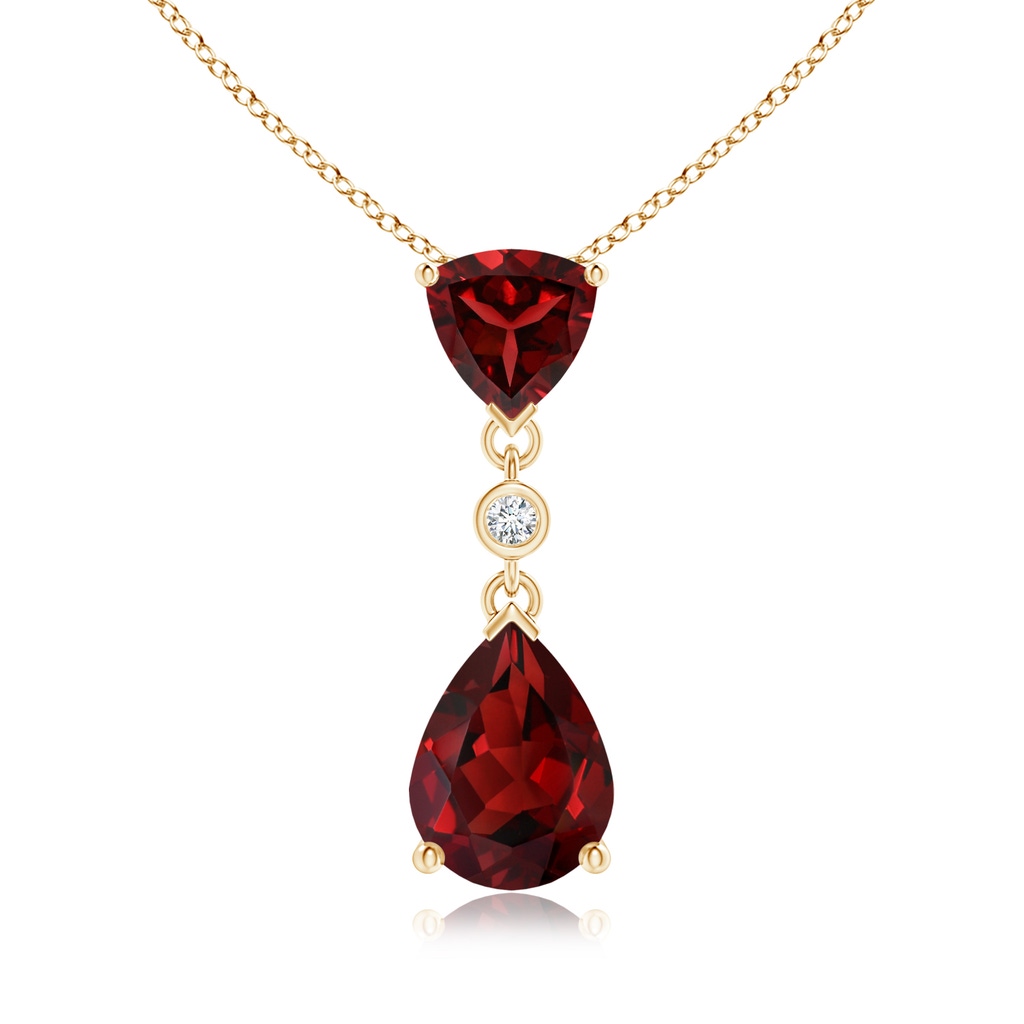 8x6mm AAAA Trillion and Pear Garnet Drop Pendant with Diamond in Yellow Gold