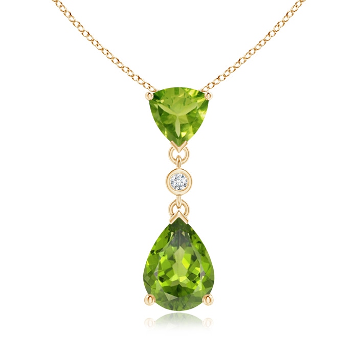 8x6mm AAA Trillion and Pear Peridot Drop Pendant with Diamond in Yellow Gold