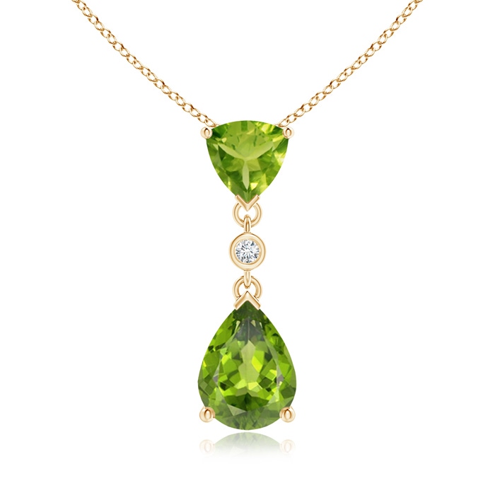 8x6mm AAA Trillion and Pear Peridot Drop Pendant with Diamond in Yellow Gold 